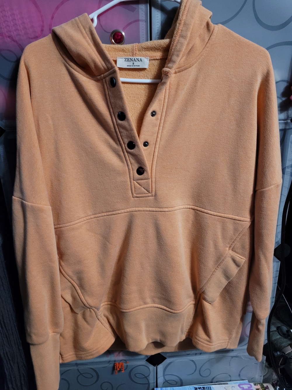 Zenana Outfitters Peach Snap-Placket Hooded Pullover